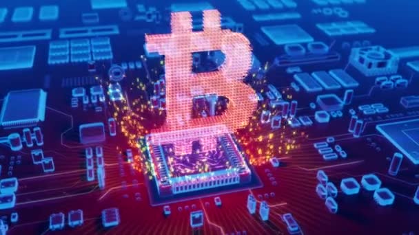 Futuristiska Animering Holografiska Bitcoin Symbol Framväxande Från Mikroprocessorn Elektroniska Kretskort — Stockvideo
