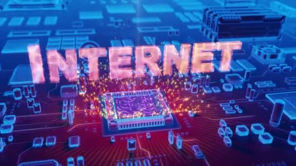Animation futuriste du texte holographique "INTERNET" issu du microprocesseur sur carte électronique 