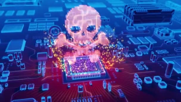 Futuristic Animation Holographic Skull Bones Symbol Emerging Microprocessor Electronic Circuit — Stock Video