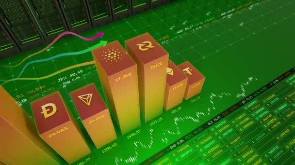 Vysoký Úhel Záběru Hlavních Šifrovací Měn Bitcoin Ethereum Neo Litecoin — Stock video