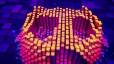 Onlar mavi zemin üzerine Bitcoin para birimi işareti elektronik çip içinde bir simge biçimi olarak kamera kübik piksellerin üzerinde sinekler