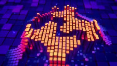 Cogwheels mavi zemin üzerine dönen bulut bilgi işlem simgesinin simge biçimi olarak kamera kübik piksellerin üzerinde sinekler