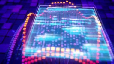 Onlar mavi arka plan üzerinde bir simge elektronik işlemci işareti biçimi olarak kamera kübik piksellerin üzerinde sinekler