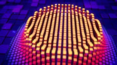 Onlar mavi arka plan üzerinde insan kalbi bir simge biçimi olarak kamera kübik piksellerin üzerinde sinekler