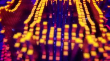 Alışveriş sepeti mavi arka plan üzerinde bir simge biçimi olarak kamera kübik piksellerin üzerinde sinekler