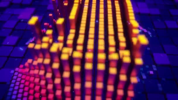 Камера Пролетает Над Кубическими Пикселами Образуя Иконку Замка Синем Фоне — стоковое видео