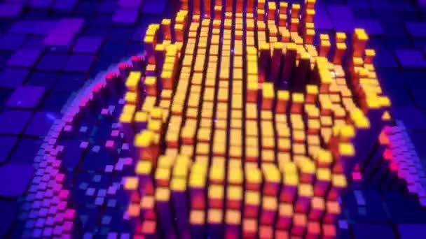 Caméra survole pixels cubes car ils forment une icône du crâne humain et des os sur fond bleu 