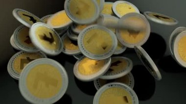 Animasyon sikkelerin sert bir yüzeye düşen ve bir yığın yapmak çok sayıda Litecoin kripto para birimi. Büyük dijital blockchain para birimlerinde için ilgili medya için.