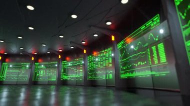 Geniş açı fotoğraf makinesinin genel borsa verileri Elektronik Ticaret Merkezi'nde görüntüleme dijital veri ekranlar boyunca hareketli animasyon.