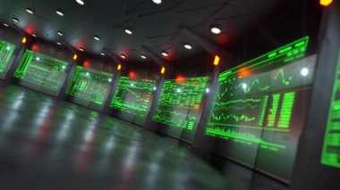 Düşük açılı çapraz kamera dijital veri ekranları modern Ticaret Borsası hisse senedi piyasası verileri görüntüleme boyunca hareket.