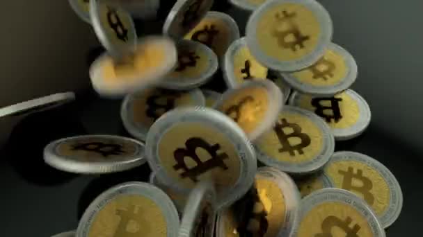 Animation Zahlreicher Bitcoin Kryptowährungen Die Auf Eine Harte Oberfläche Fallen — Stockvideo
