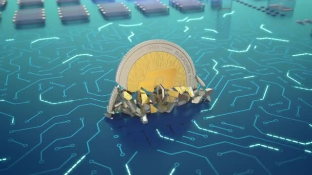 Абстрактная Анимация Dash Coin Падающего Электронную Схему Ломающегося Символизирует Крах — стоковое видео
