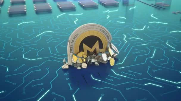 Animación Abstracta Moneda Monero Cayendo Circuito Electrónico Rompiendo Simboliza Caída — Vídeos de Stock