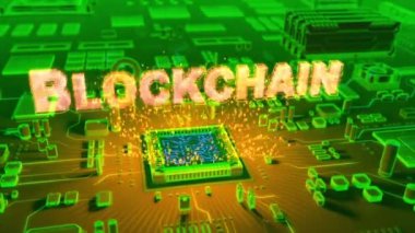Mikroişlemci elektronik devre kartı üzerinde çıkan holografik Blockchain metnin fütüristik animasyon