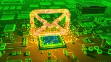 Mikroişlemci elektronik devre kartı üzerinde çıkan holografik zarf simgesinin fütüristik animasyon