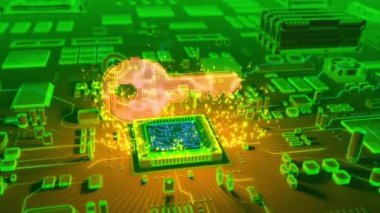 Mikroişlemci elektronik devre kartı üzerinde çıkan holografik anahtar simgesi fütüristik animasyon