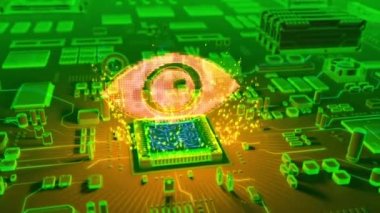 Mikroişlemci elektronik devre kartı üzerinde çıkan holografik göz simgesinin fütüristik animasyon