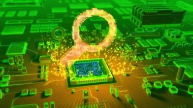 Mikroişlemci elektronik devre kartı üzerinde çıkan holografik büyüteç simgesinin fütüristik animasyon