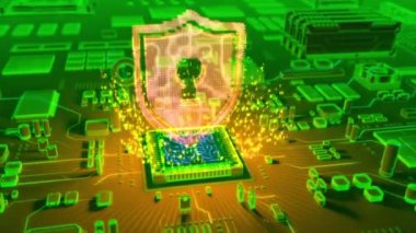 Mikroişlemci elektronik devre kartı üzerinde çıkan holografik kalkan sembolü fütüristik animasyon