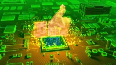 Mikroişlemci elektronik devre kartı üzerinde çıkan sembol holografik başparmak fütüristik animasyon