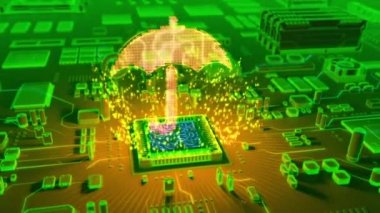 Mikroişlemci elektronik devre kartı üzerinde çıkan holografik şemsiye sembolü fütüristik animasyon