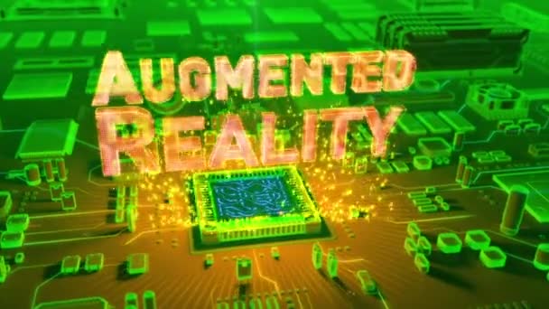 Mikroişlemci Elektronik Devre Kartı Üzerinde Çıkan Holografik Augmented Reality Metnin — Stok video