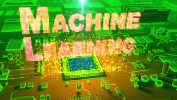 Futuristiska Animering Holografisk Machine Learning Text Från Mikroprocessorn Elektroniska Kretskort — Stockvideo