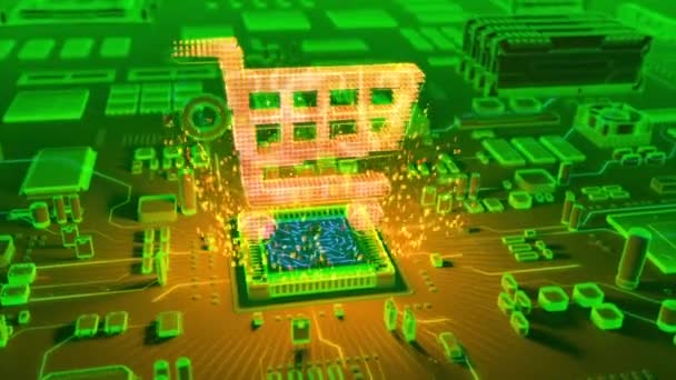 ホログラフィック ショッピング カート シンボル電子回路基板上のマイクロプロセッサから新興の未来のアニメーション — ストック動画