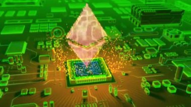 Mikroişlemci elektronik devre kartı üzerinde çıkan holografik Ethereum klasik sembolü fütüristik animasyon