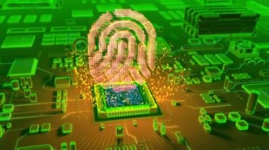 Biyometrik parmak izi sembolün mikroişlemci elektronik devre kartı üzerinde çıkan fütüristik animasyon