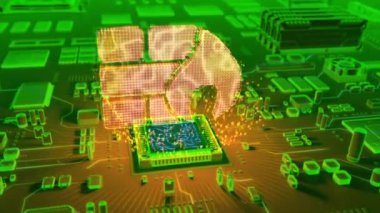 Mikroişlemci elektronik devre kartı üzerinde çıkan Holografik Güvenlik Duvarı simgesinin fütüristik animasyon
