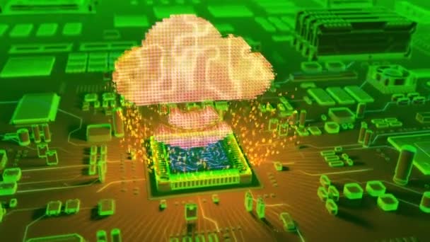 Animation futuriste du symbole du cloud computing holographique émergeant du microprocesseur sur carte de circuit électronique 