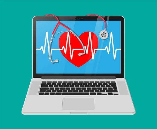 Laptop, hjärta form med puls, stetoskop — Stock vektor