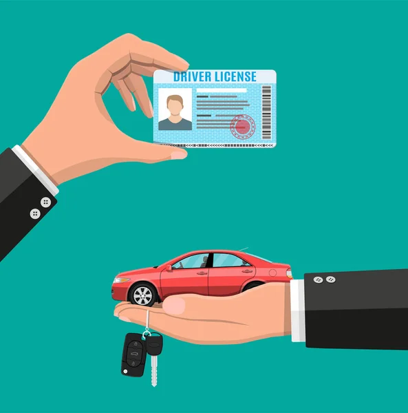 Licencia de conducir en la mano y coche sedán con llaves — Vector de stock