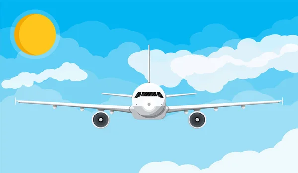 Avión vista frontal en el cielo con nubes y sol — Vector de stock
