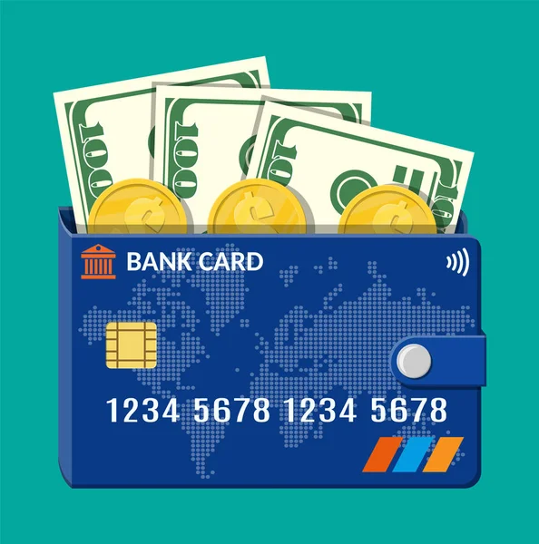 Carteira de cartão bancário com notas e moedas de dólar — Vetor de Stock