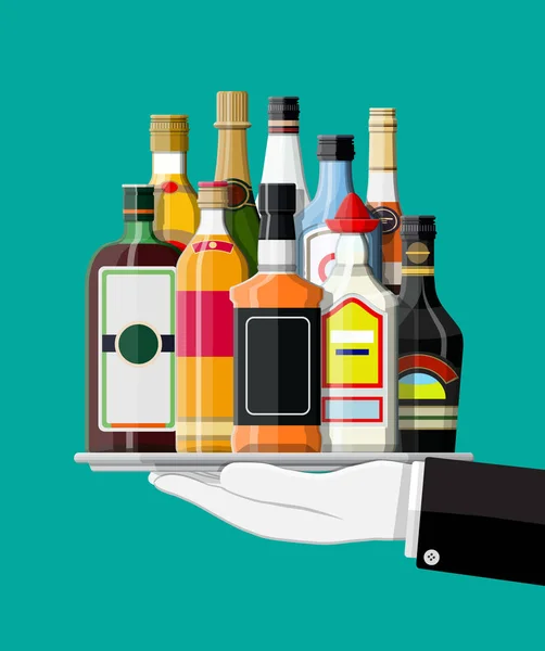 Колекція алкогольних напоїв у лотку — стоковий вектор
