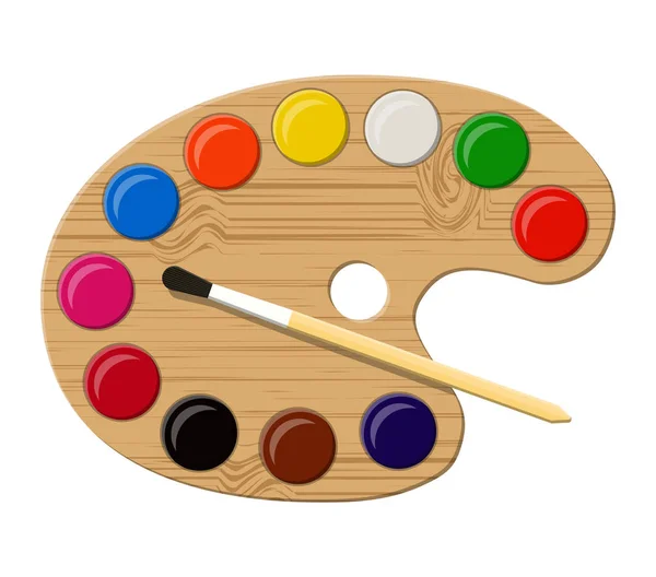 Wooden art palette with paints and brush — Stock Vector