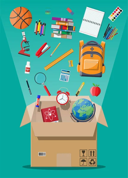School items en kartonnen doos. — Stockvector