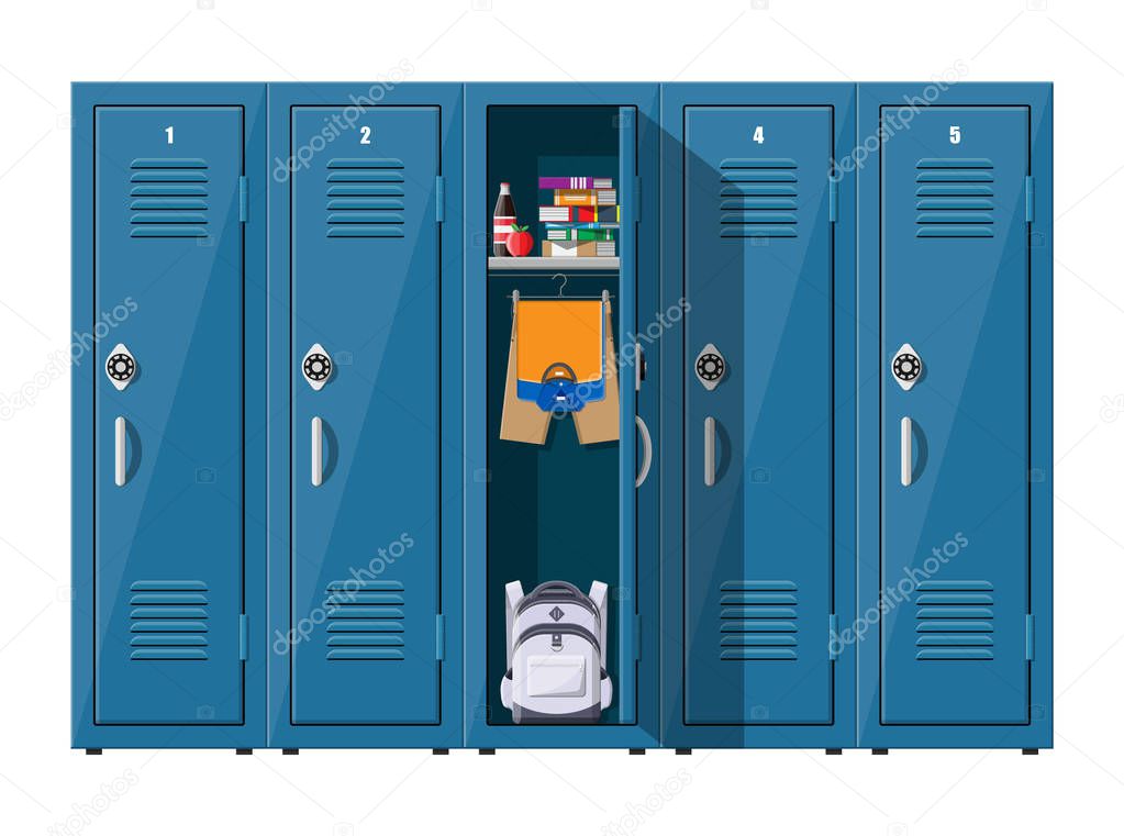 Blue metal cabinets with school items