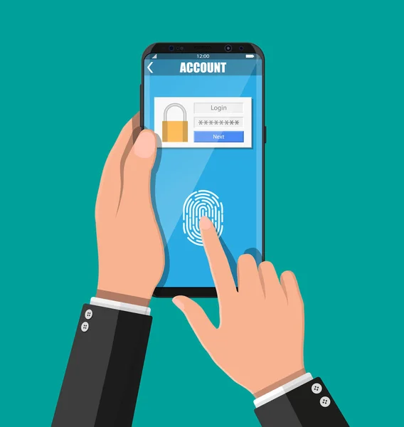 Mani con smartphone sbloccate dalle impronte digitali — Vettoriale Stock