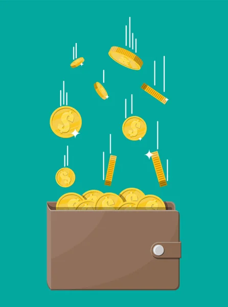 Falling gold coins and leather wallet. — Stock Vector