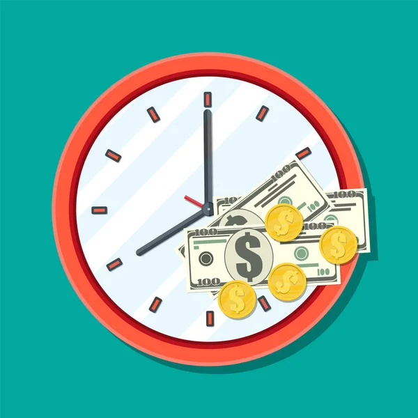Horloge, billets en dollars et pièces d'or . — Image vectorielle