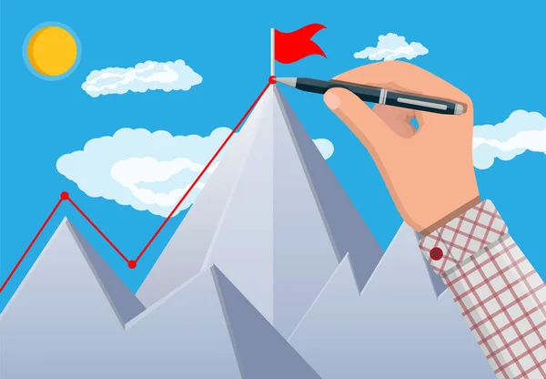 Main d'homme d'affaires met drapeau sur le sommet de la montagne . — Image vectorielle
