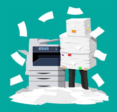 İşadamı yığın office belgeleri ve yazıcı