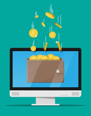 Online gelir kavramı. Kazanç internet ağı. Elektronik cüzdan. Serbest çalışma. M-cüzdana bilgisayar monitöründe uçan altın sikke. Büyüme, gelir, başarı. Düz stil vektör çizim