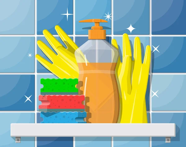 Bottle of detergent, sponge and rubber gloves. — Stock Vector