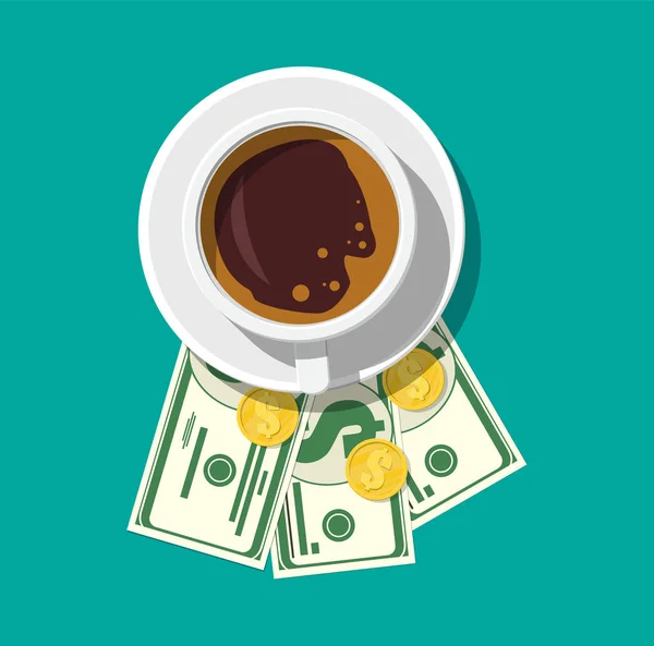 Taza con café, efectivo y monedas — Vector de stock