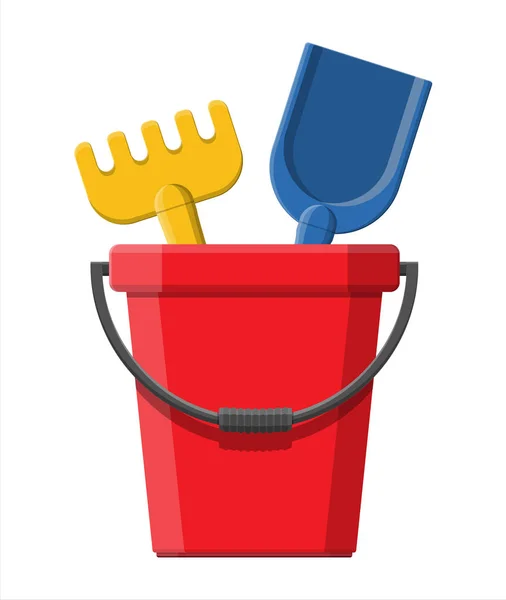 Plastic bucket with rake and shovel — Stock Vector