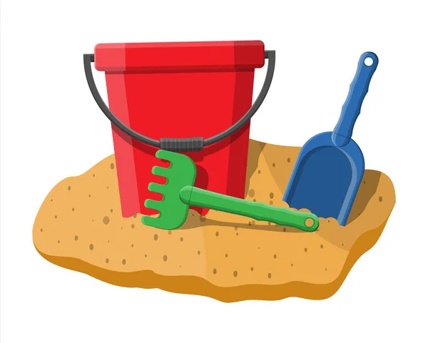 Plastic bucket with rake and shovel — Stock Vector